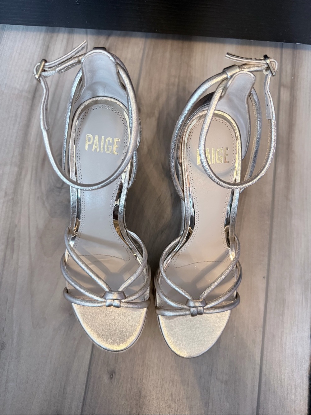 PAIGE Metallic Gold Espadrille Wedge Sandals with Ankle Strap - Picture 3 of 13